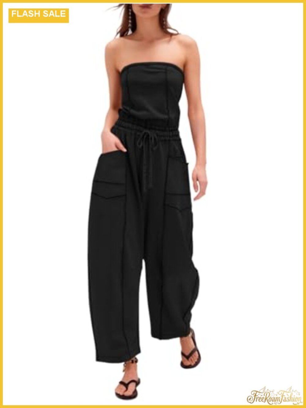 Strapless Jumpsuit for Women with Pockets Off Shoulder Drawstring Wide Leg